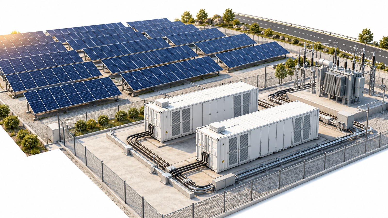 Conceptual illustration of solar generation, battery storage and power infrastructure; not an actual Bulgarian facility.