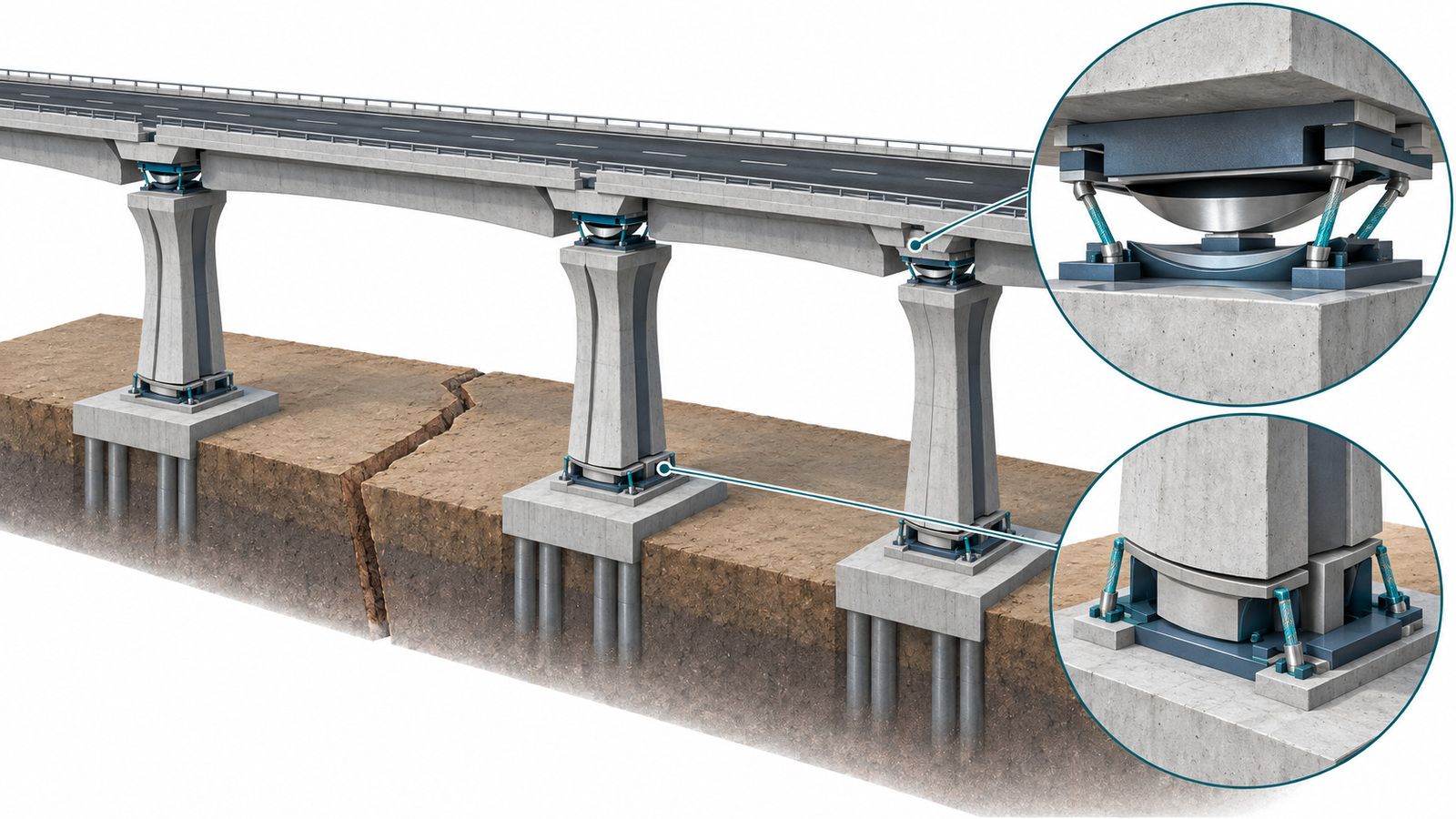 Conceptual bridge illustration showing self-centering support and bearing concepts; not an actual bridge or exact research model.