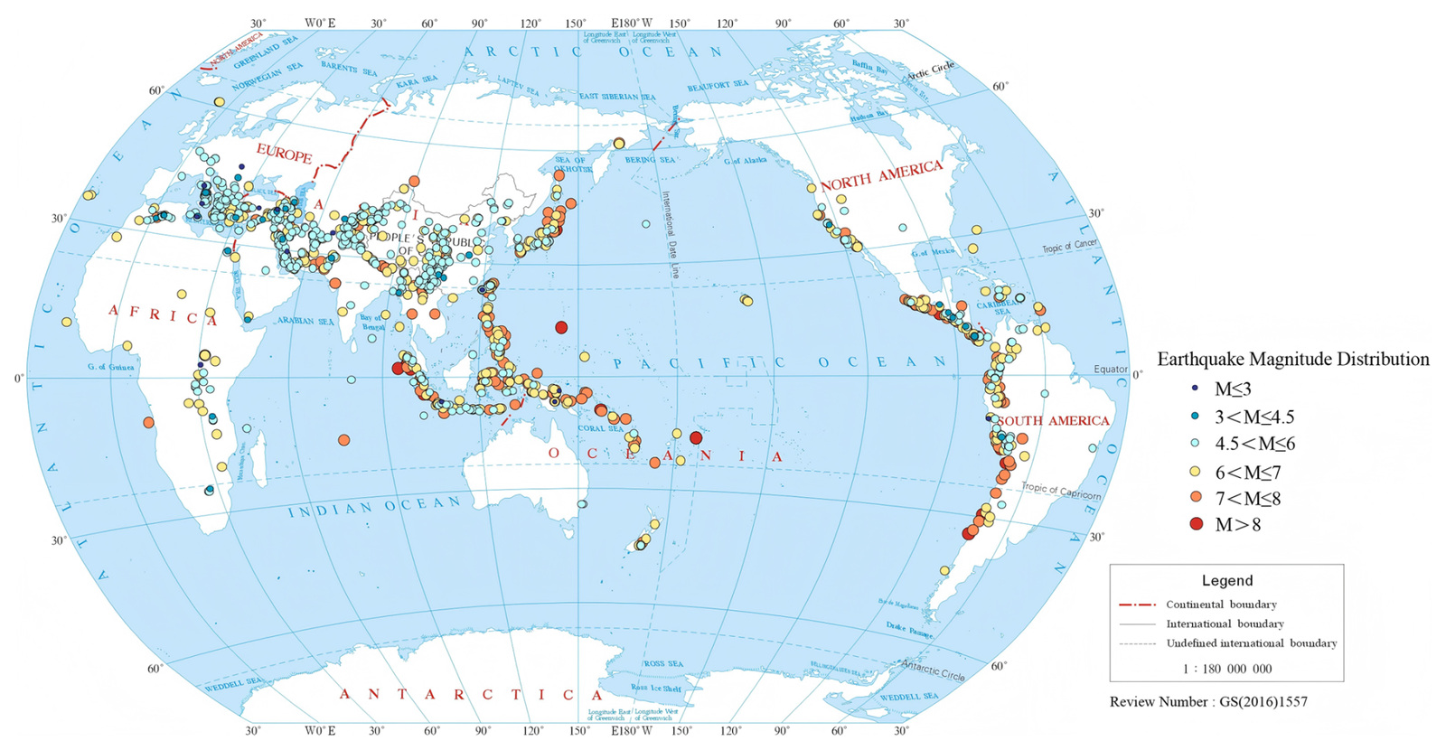 The paper’s map of historical earthquake disaster records; not a map of current earthquakes.