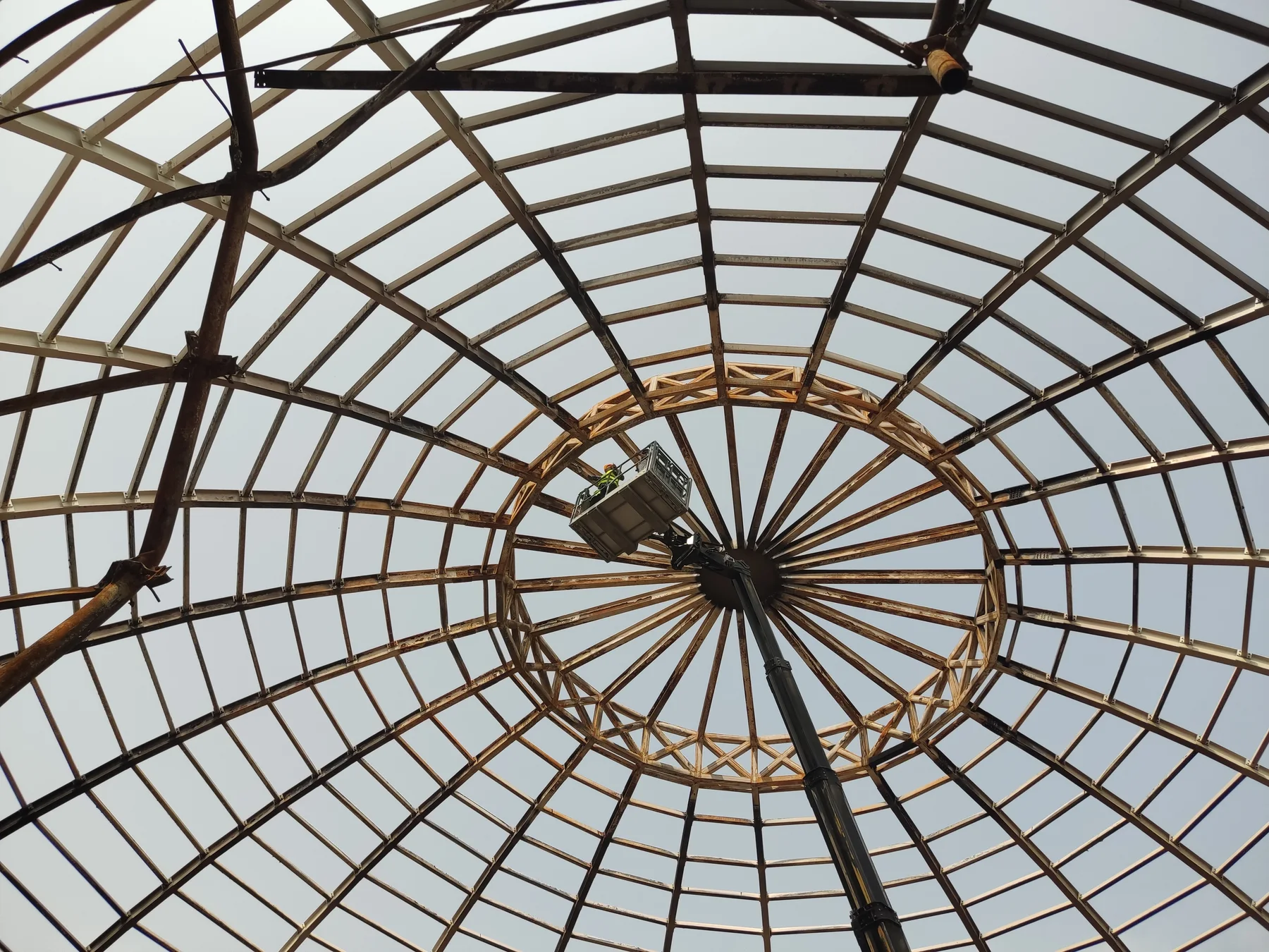 Inspection platform inside the fire-exposed steel dome of Universal Hall